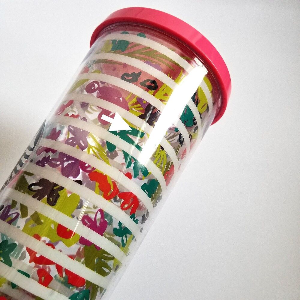 STARBUCKS Venti Cold Cup Tumbler White Stripes Coral Lid Floral 24 oz 2017 - Picture 11 of 12